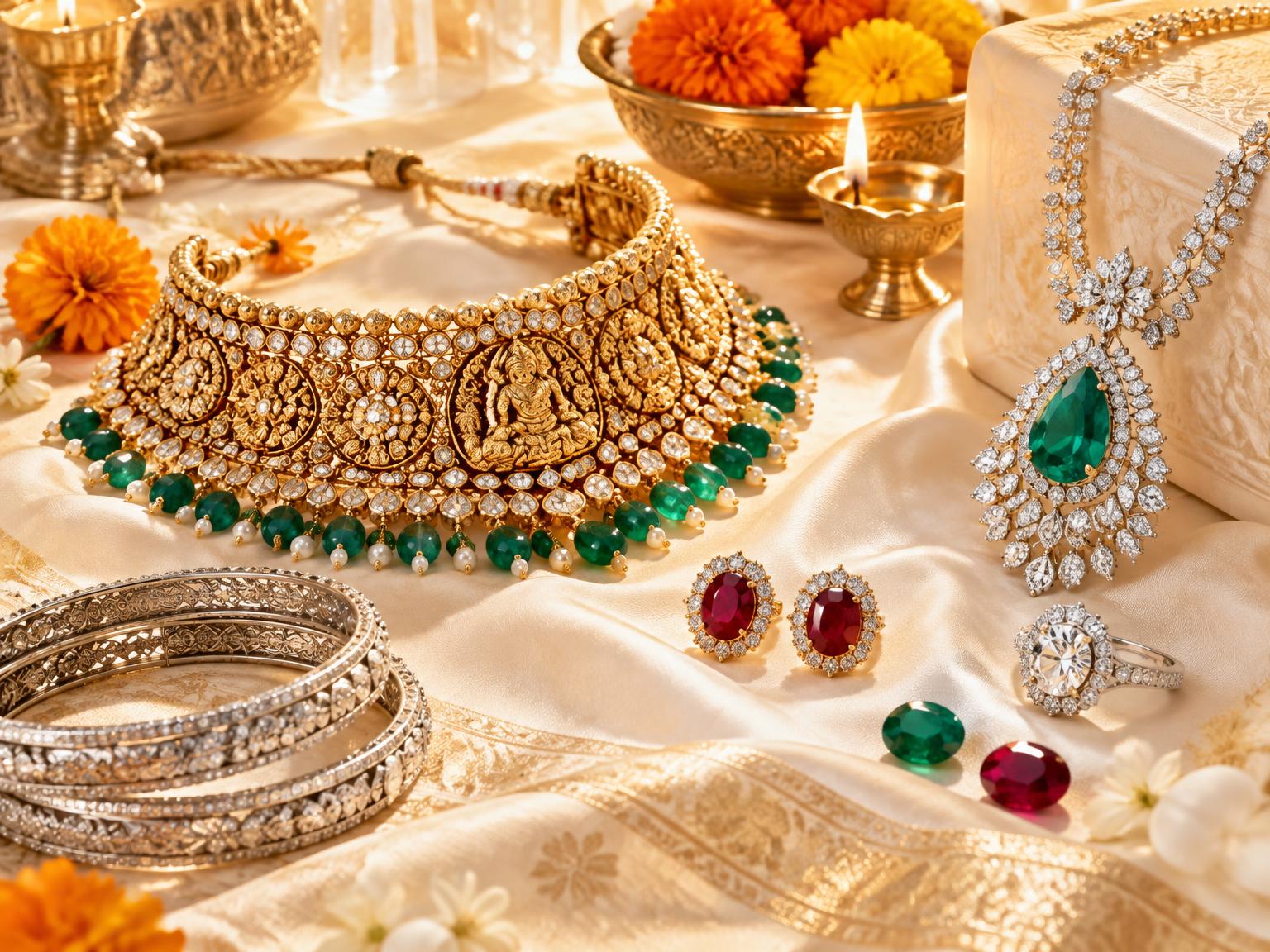 Gold, diamond, silver and gemstone jewellery arranged for an Indian celebration